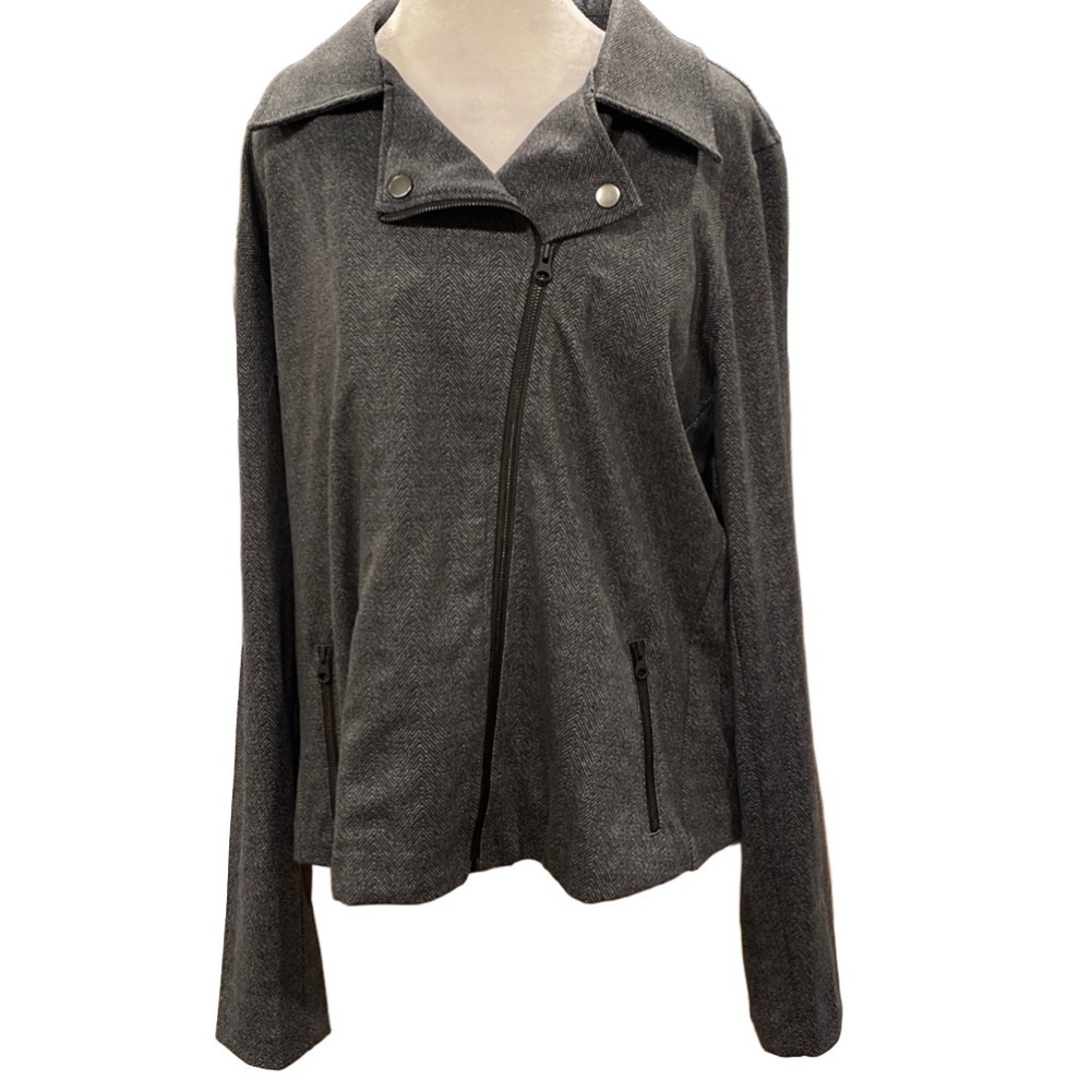 NYDJ L asymmetrical zip herringbone fitted stretch jacket with zip pockets